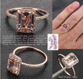 Emerald Cut Morganite Engagement Ring Pave Diamond Halo 14K Rose Gold 6x8mm - Lord of Gem Rings - 1