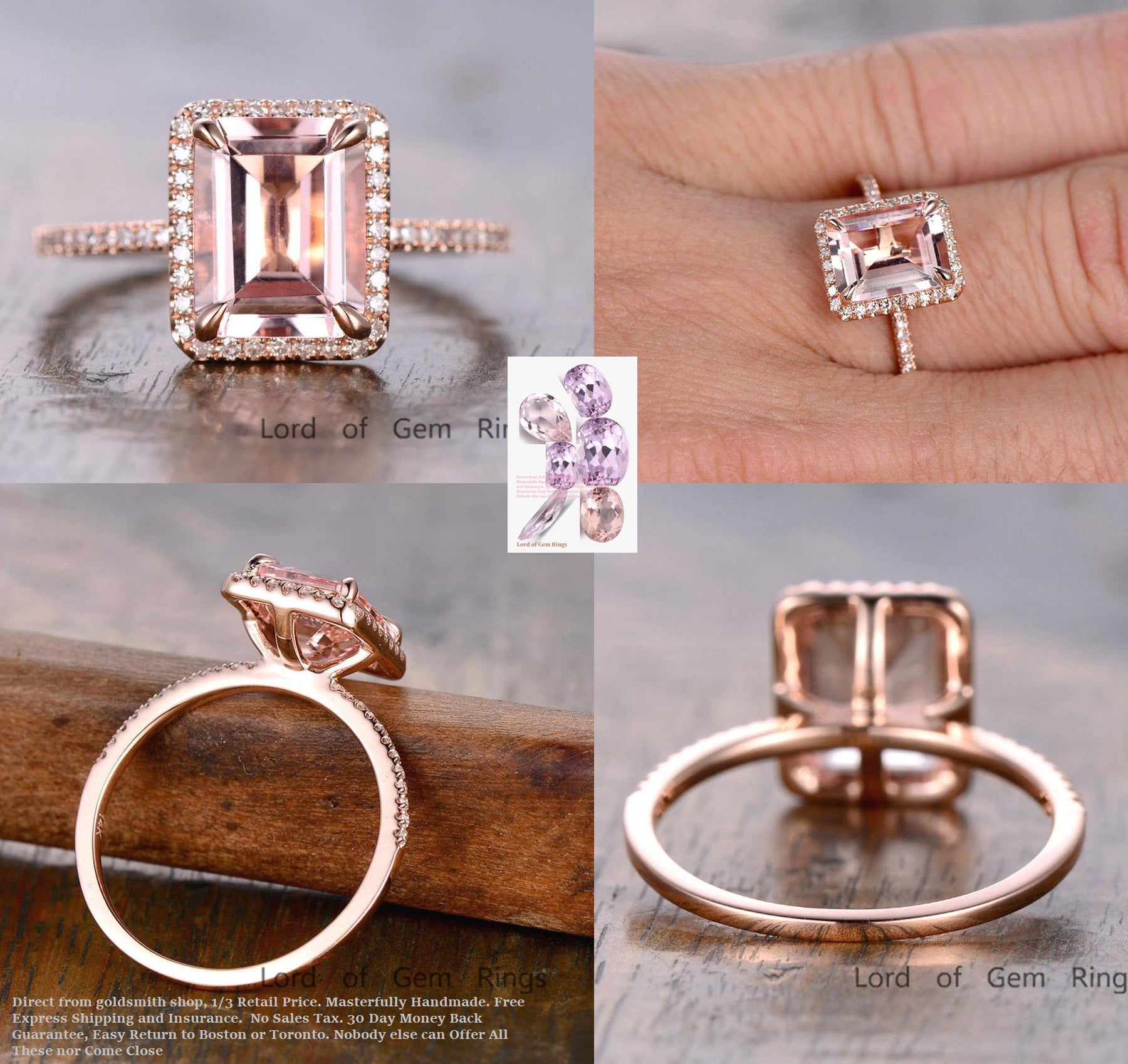 Emerald Cut Morganite Engagement Ring Pave Diamond Wedding 14K Rose Gold 8x10mm - Lord of Gem Rings - 1