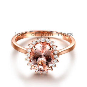Oval Morganite Engagement Ring Diamond Halo 14K Rose Gold 6x8mm Flower Design - Lord of Gem Rings - 1