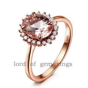 Oval Morganite Engagement Ring Diamond Halo 14K Rose Gold 6x8mm Flower Design - Lord of Gem Rings - 5