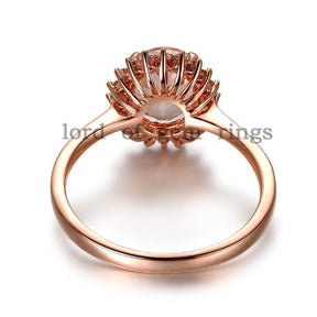 Oval Morganite Engagement Ring Diamond Halo 14K Rose Gold 6x8mm Flower Design - Lord of Gem Rings - 3