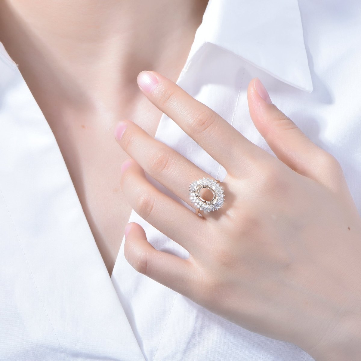 For AAA - Oval Baguette Diamond Double Halo Setting Semi Mount Ring - Lord of Gem Rings