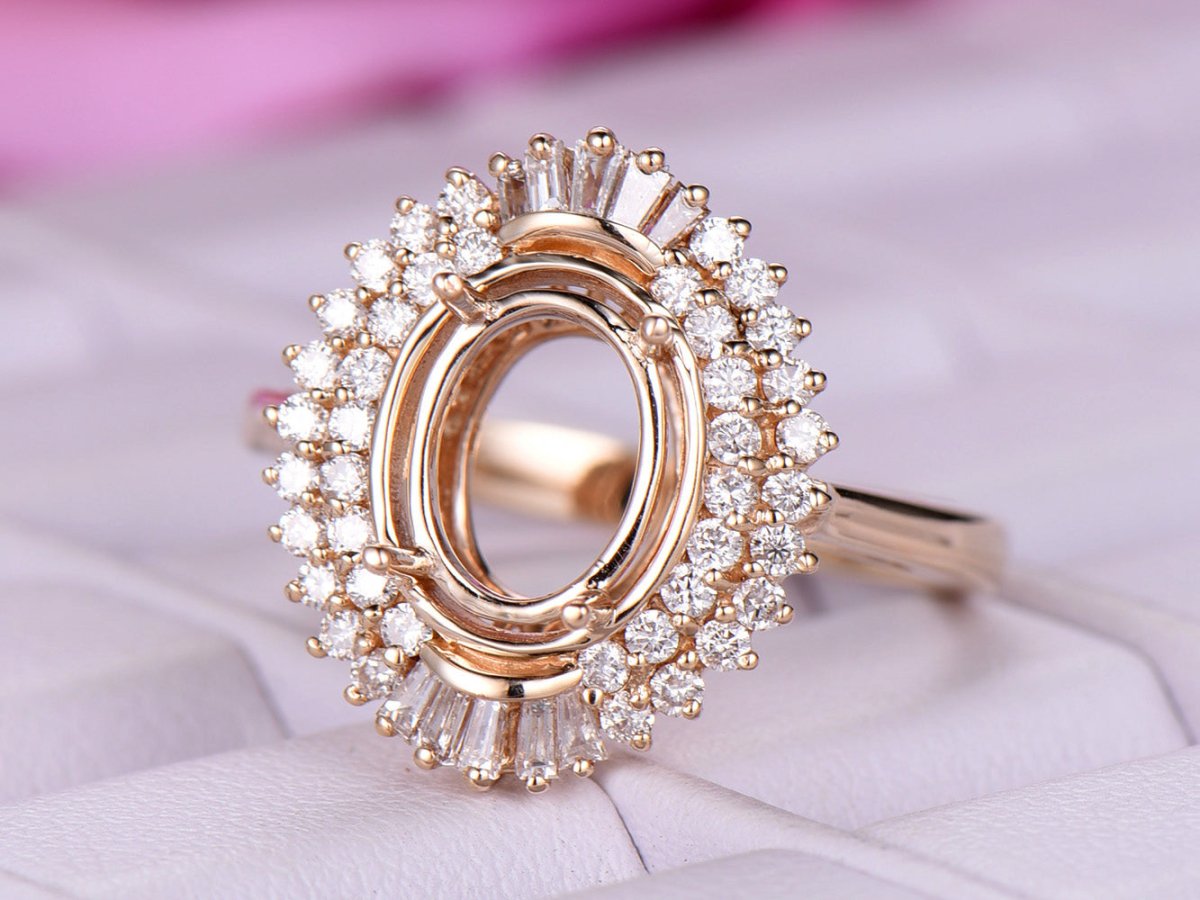 For AAA - Oval Baguette Diamond Double Halo Setting Semi Mount Ring - Lord of Gem Rings