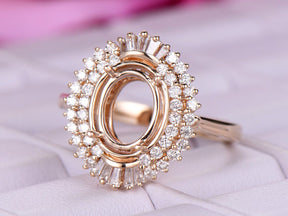 For AAA - Oval Baguette Diamond Double Halo Setting Semi Mount Ring - Lord of Gem Rings