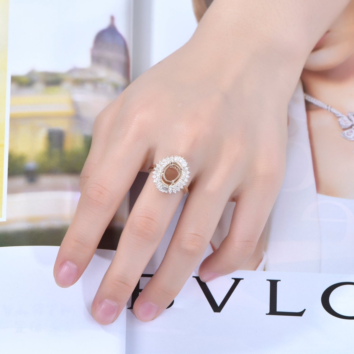 For AAA - Oval Baguette Diamond Double Halo Setting Semi Mount Ring - Lord of Gem Rings