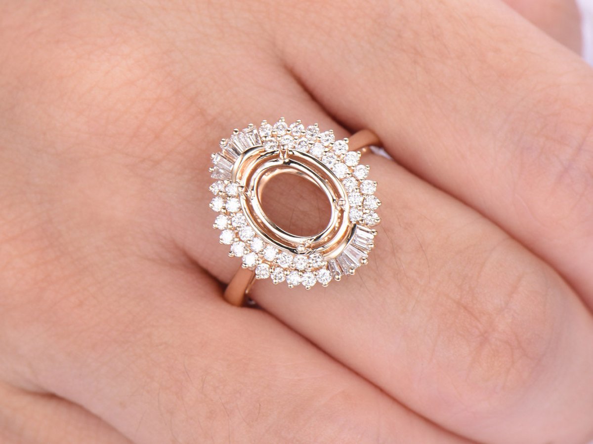 For AAA - Oval Baguette Diamond Double Halo Setting Semi Mount Ring - Lord of Gem Rings