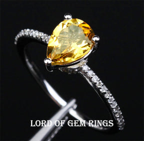 Pear Citrine Engagement Ring Pave Diamond Wedding 14K White Gold 6x8mm - Lord of Gem Rings - 1