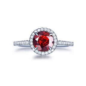 Round Red Garnet Diamond Halo Engagement Ring