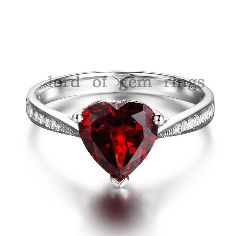 Heart Red Garnet Emagement Ring Pave Diamond Wedding 14K White Gold 8mm - Lord of Gem Rings - 1