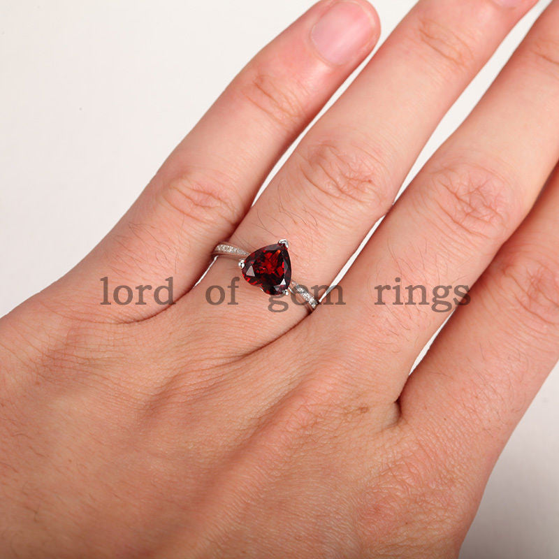 Heart Red Garnet Emagement Ring Pave Diamond Wedding 14K White Gold 8mm - Lord of Gem Rings - 4