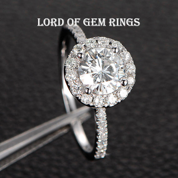 Round  Moissanite Engagement Ring Pave Moissanite Wedding 14K White Gold 6.5mm - Lord of Gem Rings - 1