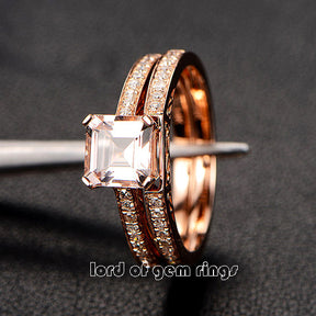 Asscher Morganite Engagement Ring Sets Pave Diamond Wedding 14K Rose Gold 6.5mm - Lord of Gem Rings - 2