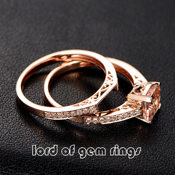 Asscher Morganite Engagement Ring Sets Pave Diamond Wedding 14K Rose Gold 6.5mm - Lord of Gem Rings - 5