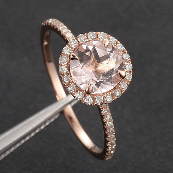 Round Morganite Engagement Ring Sets Pave Diamond Wedding 14K Rose Gold 7mm - Lord of Gem Rings - 2