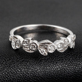 Pave Diamond Wedding Band Eternity Anniversary Ring 14K White Gold  Floral Art Deco Antique Style Milgrain - Lord of Gem Rings - 1