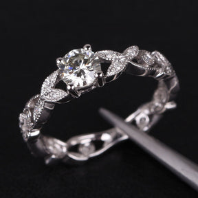 Round Forever Brilliant Moissanite Engagement Ring Diamond 14K White Gold 5.0mm  Art Deco Floral Shank - Lord of Gem Rings - 1