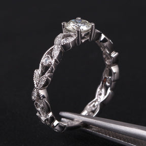 Round Forever Brilliant Moissanite Engagement Ring Diamond 14K White Gold 5.0mm  Art Deco Floral Shank - Lord of Gem Rings - 2