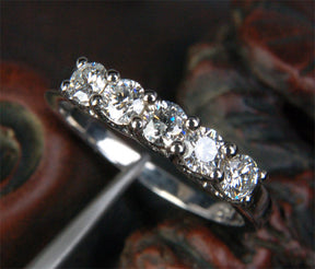 Moissanite Wedding Band Anniversary Ring 14K White Gold 5 Stones 3.5mm Round Trellis Design - Lord of Gem Rings - 1