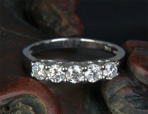 Moissanite Wedding Band Anniversary Ring 14K White Gold 5 Stones 3.5mm Round Trellis Design - Lord of Gem Rings - 2