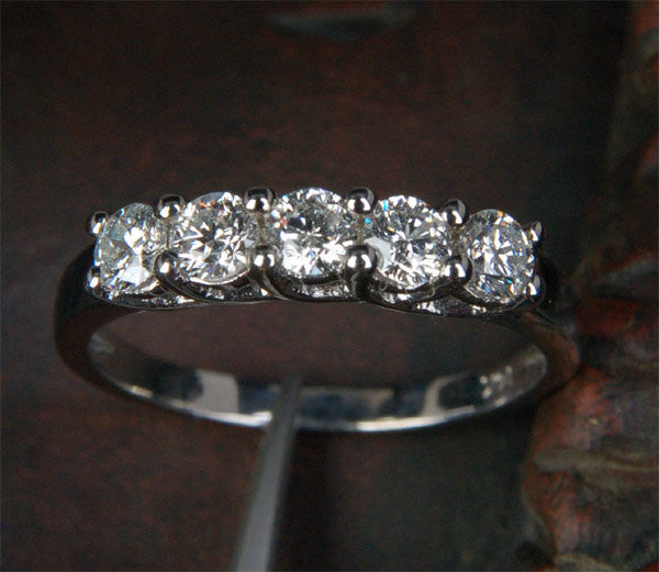 Moissanite Wedding Band Anniversary Ring 14K White Gold 5 Stones 3.5mm Round Trellis Design - Lord of Gem Rings - 3