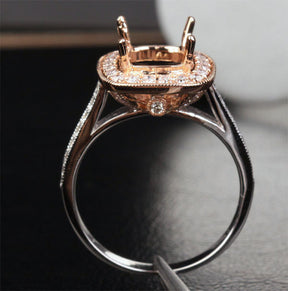 Diamond Engagement Semi Mount Ring 14K Two Tone White/Rose Gold Setting Cushion 7mm - Lord of Gem Rings - 4