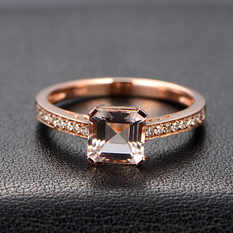 Asscher Morganite Engagement Ring Sets Pave Diamond Wedding 14K Rose Gold 6.5mm - Lord of Gem Rings - 3