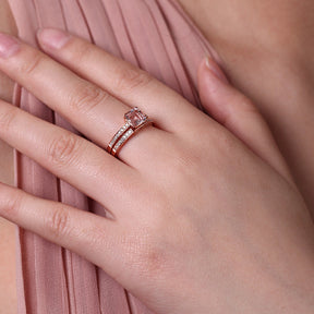 Asscher Morganite Engagement Ring Sets Pave Diamond Wedding 14K Rose Gold 6.5mm - Lord of Gem Rings - 6