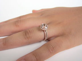 Round Morganite Engagement Ring Sets Pave Diamond Wedding 14K Rose Gold 7mm - Lord of Gem Rings - 5