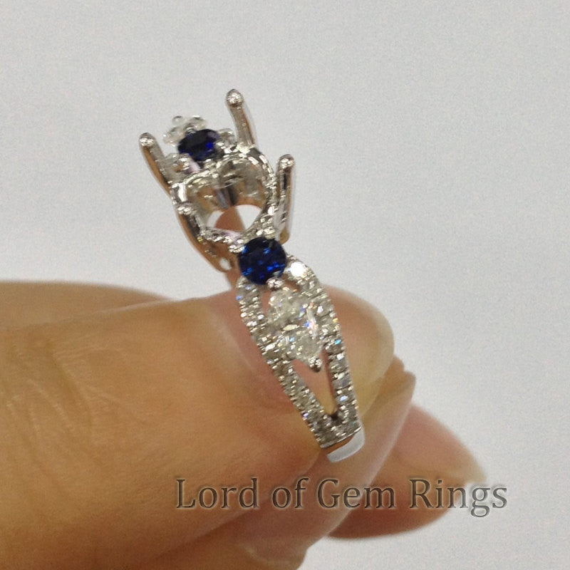 Three stones 6.5mm Round Cut Sapphire diamonds Semi Mount 14k white Gold - Lord of Gem Rings - 5
