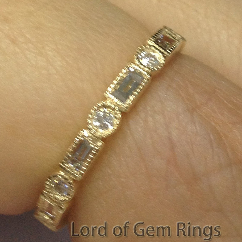 Baguette/Round Diamond Wedding Band Eternity Anniversary Ring 14K Yellow Gold  Art Deco Milgrain - Lord of Gem Rings - 1