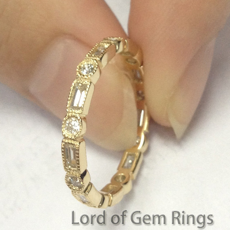 Baguette/Round Diamond Wedding Band Eternity Anniversary Ring 14K Yellow Gold  Art Deco Milgrain - Lord of Gem Rings - 5