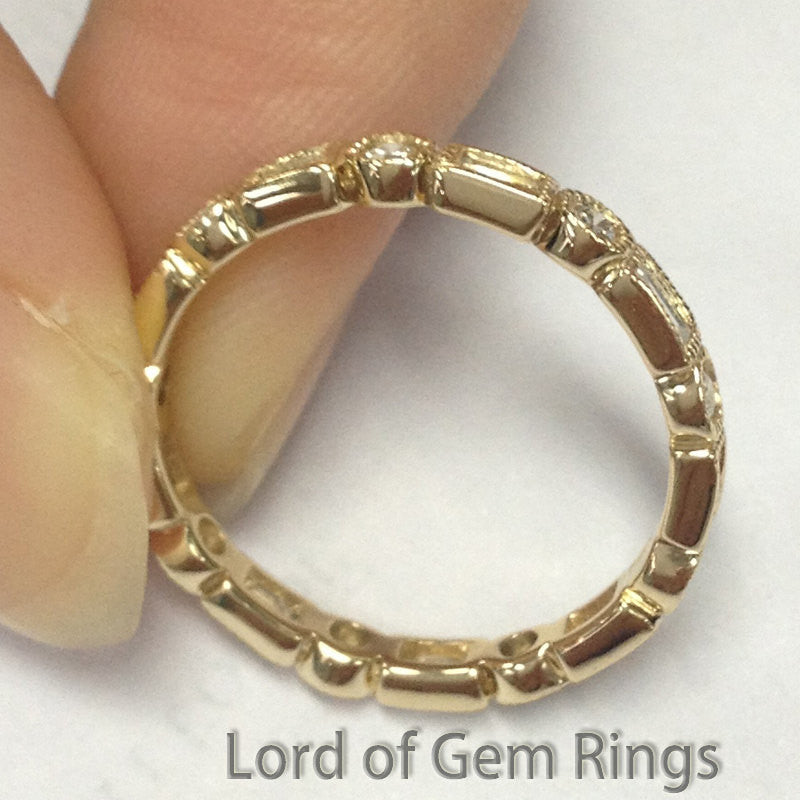 Baguette/Round Diamond Wedding Band Eternity Anniversary Ring 14K Yellow Gold  Art Deco Milgrain - Lord of Gem Rings - 4