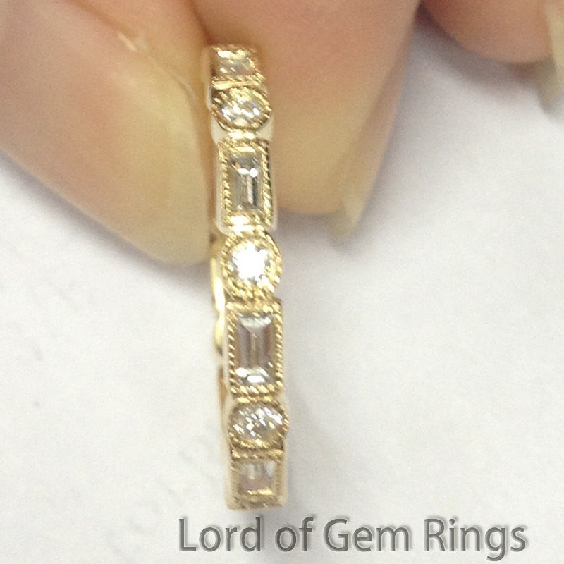 Baguette/Round Diamond Wedding Band Eternity Anniversary Ring 14K Yellow Gold  Art Deco Milgrain - Lord of Gem Rings - 3