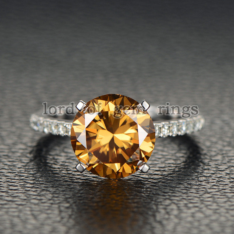 Round Yellow Moissanite Engagement cathedral Ring 14K White Gold 10mm - Lord of Gem Rings - 2