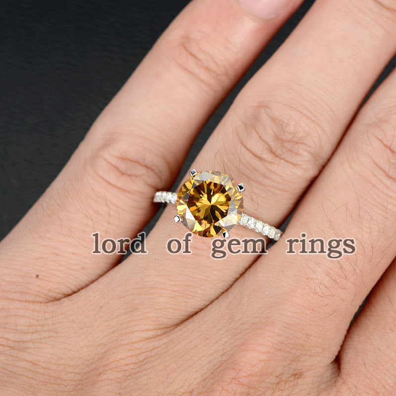 Round Yellow Moissanite Engagement cathedral Ring 14K White Gold 10mm - Lord of Gem Rings - 5