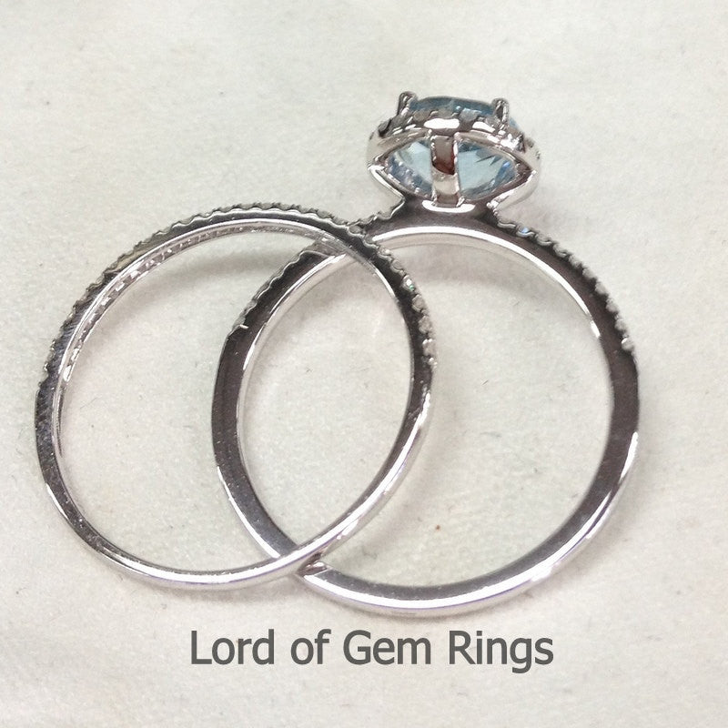 Round Aquamarine Engagement Ring Sets Pave Diamond Wedding 14K White Gold 7mm - Lord of Gem Rings - 2