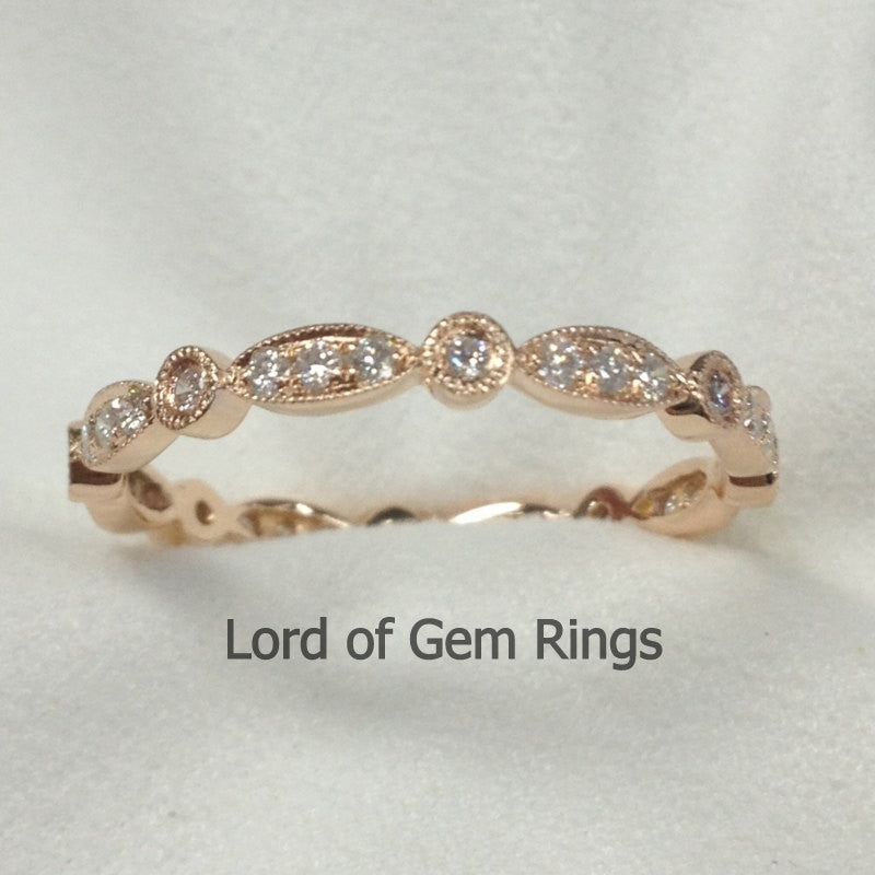 Pave Diamond Wedding Band Eternity Anniversary Ring 14K Rose Gold Art Deco Milgrain - SI/H - Lord of Gem Rings - 1