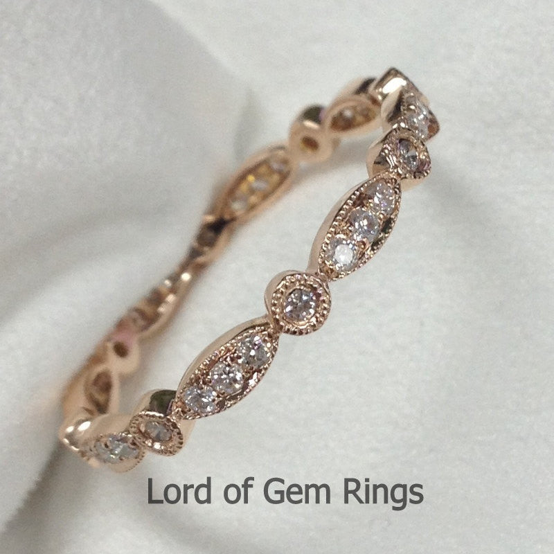 Pave Diamond Wedding Band Eternity Anniversary Ring 14K Rose Gold Art Deco Milgrain - SI/H - Lord of Gem Rings - 5