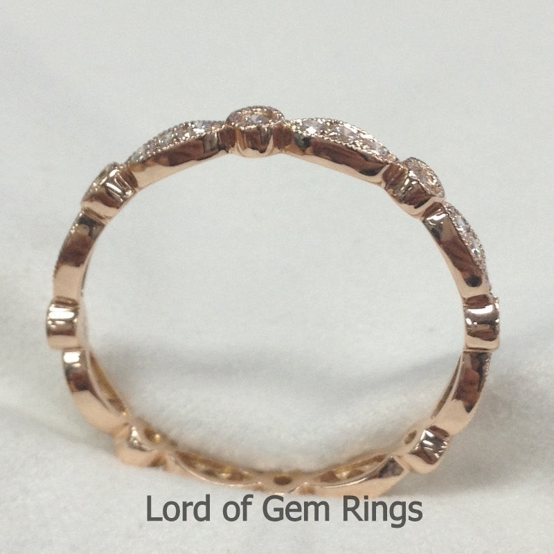 Pave Diamond Wedding Band Eternity Anniversary Ring 14K Rose Gold Art Deco Milgrain - SI/H - Lord of Gem Rings - 3