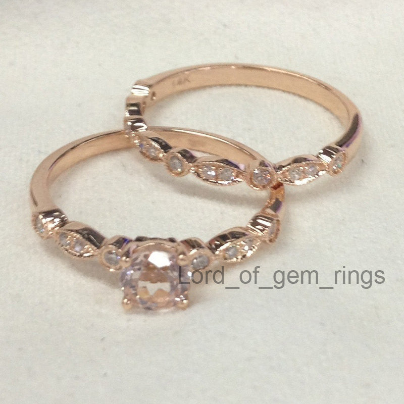 Round Morganite Engagement Ring Sets Pave Diamond Wedding 14K Rose Gold 5mm  Art Deco Antique Style - Lord of Gem Rings - 2