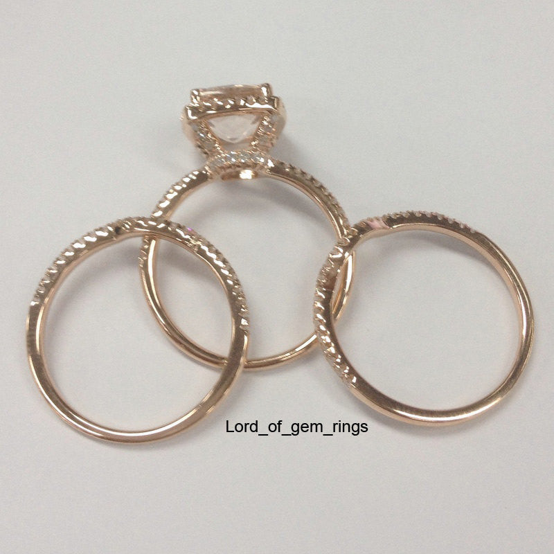 Cushion Morganite Engagement Ring Trio Sets Diamond Wedding 14K Rose Gold 8mm - Lord of Gem Rings - 2