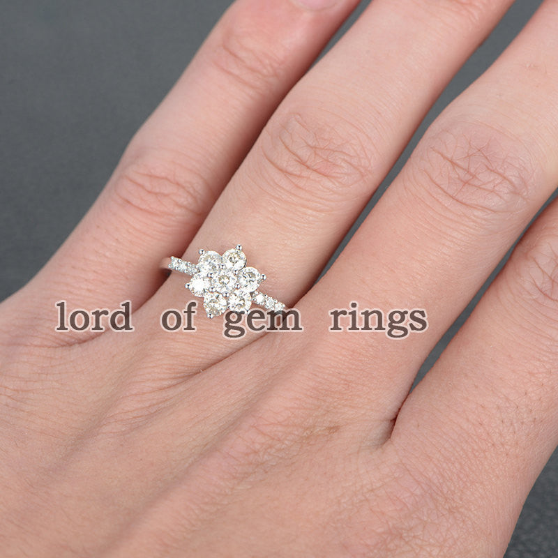 Moissanite Engagement Ring 14K White Gold 3mm & 1.5mm Round  Snow Flower Snowflake - Lord of Gem Rings - 4