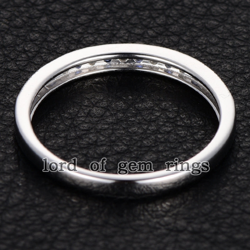 Moissanite Sapphire Wedding Band Half Eternity Anniversary Ring 14K White Gold Milgrain - Lord of Gem Rings - 4