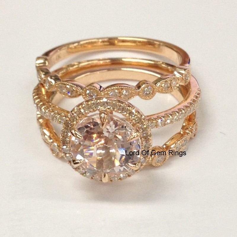 Reserved for Tonya,Custom Round Morganite Diamonds Wedding Set 14K Rose Gold - Lord of Gem Rings - 6
