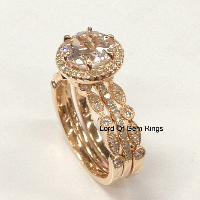 Reserved for Keri heart  Morganite Engagement Ring Trio Bridal Set 14K Rose Gold - Lord of Gem Rings - 4