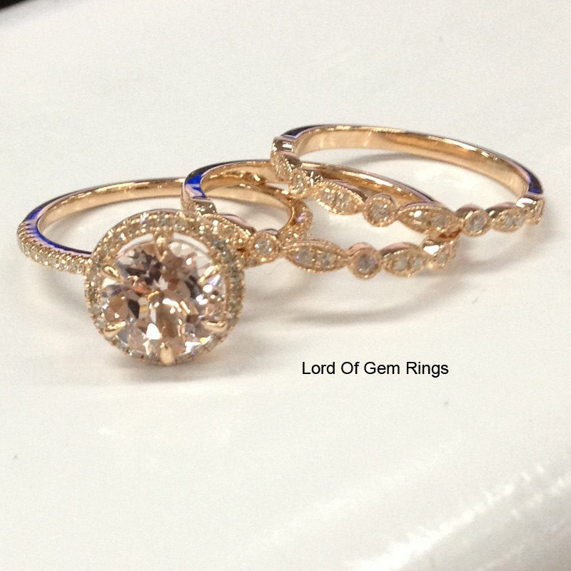 Reserved for Keri heart  Morganite Engagement Ring Trio Bridal Set 14K Rose Gold - Lord of Gem Rings - 3