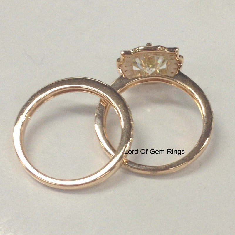 Round Moissanite Engagement Ring Sets Pave Diamond Wedding 14K Rose Gold 7mm Art Deco Vintage - Lord of Gem Rings - 3