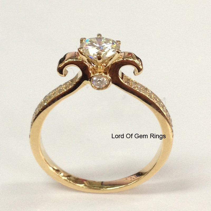 Round Moissanite Engagement Ring Pave Diamond Wedding 14K Yellow Gold 5mm - Lord of Gem Rings - 2