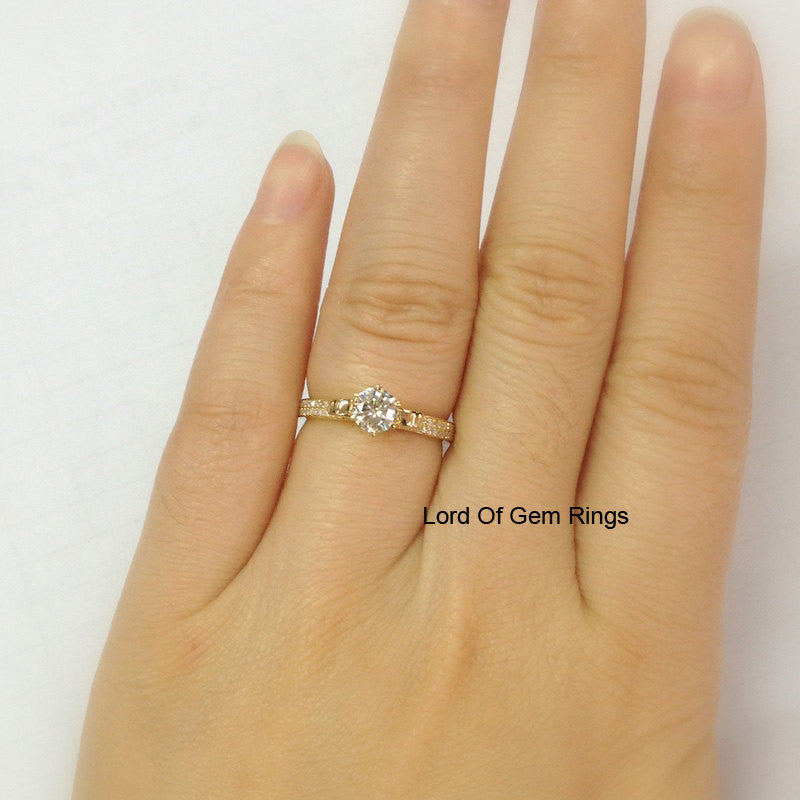 Round Moissanite Engagement Ring Pave Diamond Wedding 14K Yellow Gold 5mm - Lord of Gem Rings - 4