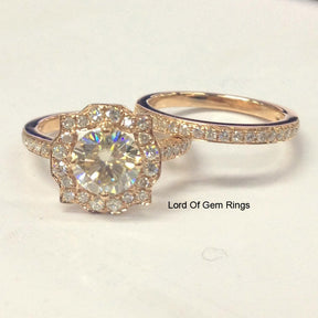 Round Moissanite Engagement Ring Sets Pave Diamond Wedding 14K Rose Gold 7mm Art Deco Vintage - Lord of Gem Rings - 1